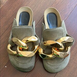 JW Anderson Olive Green Mules with Gold Chain